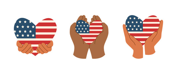 Set of hands holding american flag in the shape of heart. Memorial day and Independence day concept. Vector flat illustration.