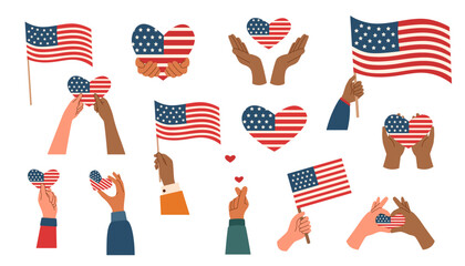 Set of hands holding american flags and hearts. Memorial day and Independence day concept. Vector flat illustration.