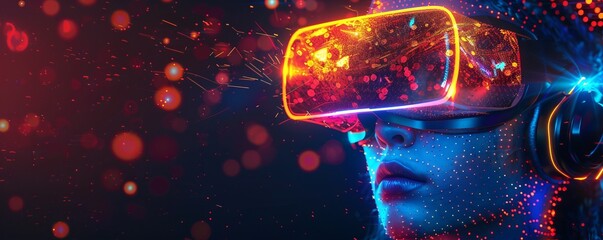 fantasy illustration of headshot of cyborg character of glowing neon colors dots in virtual reality headset on dark background