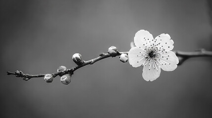   A monochrome image displays a tree limb adorned with a blossom against a leaden backdrop