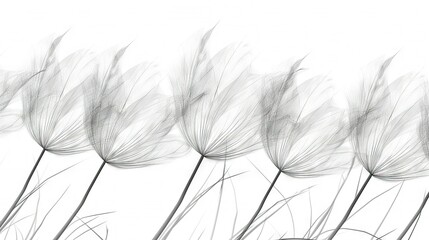   A monochrome image depicts a group of dandelions swaying in the breeze against a white backdrop