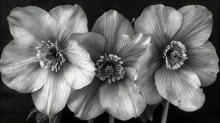  Black and white photograph of three flowers