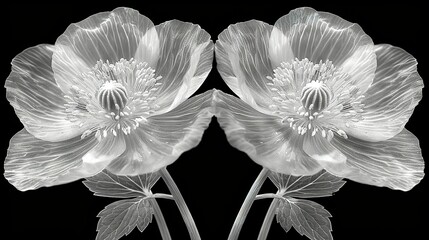   A black-and-white photo showcases two vibrant flowers surrounded by a pair of petals
