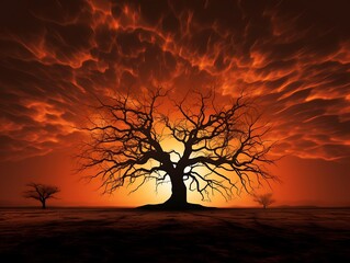Halloween background with scary old tree and lightning