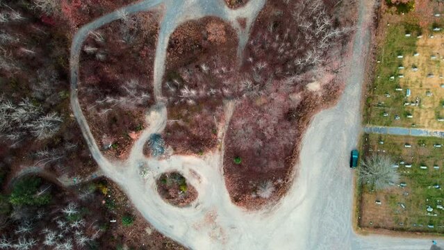Aerial top down of trail and scenery in Fall around abandoned coal town Centralia Pennsylvania