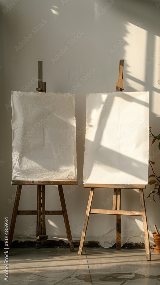Poster two easels with white paper on them. the easels are wooden and are standing upright