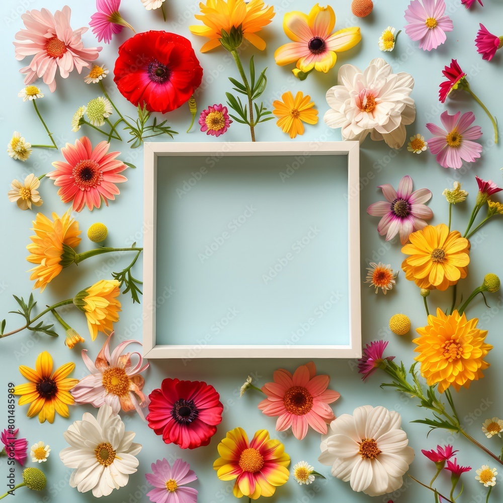 Poster a white frame with a colorful flower arrangement surrounding it. the frame is empty, and the flowers