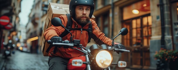Delivery rider with package on red scooter