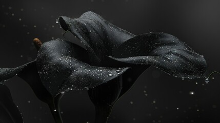   A close-up of a dark flower with droplets of water on its petals against a black background, featuring a few more water droplets - Powered by Adobe