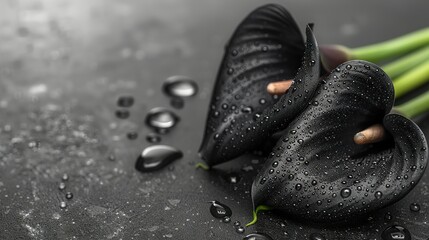   Black slippers on wet floor beside celery stalk