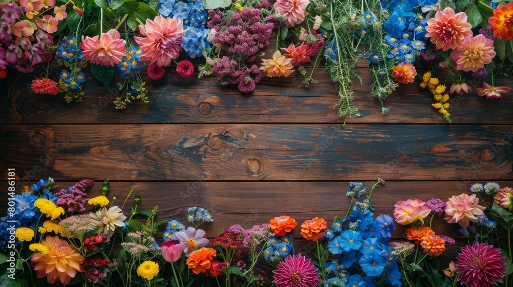 Aufkleber A wooden frame with a colorful arrangement of flowers. The flowers are of various colors and sizes, and they are arranged in a way that creates a sense of depth and dimension