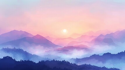 misty awakening sunrise silhouette over mountain range in pastel colors tranquil landscape digital painting