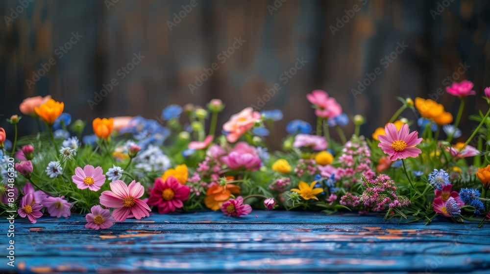 Poster a beautiful bouquet of flowers is displayed on a wooden table. the flowers are of various colors and