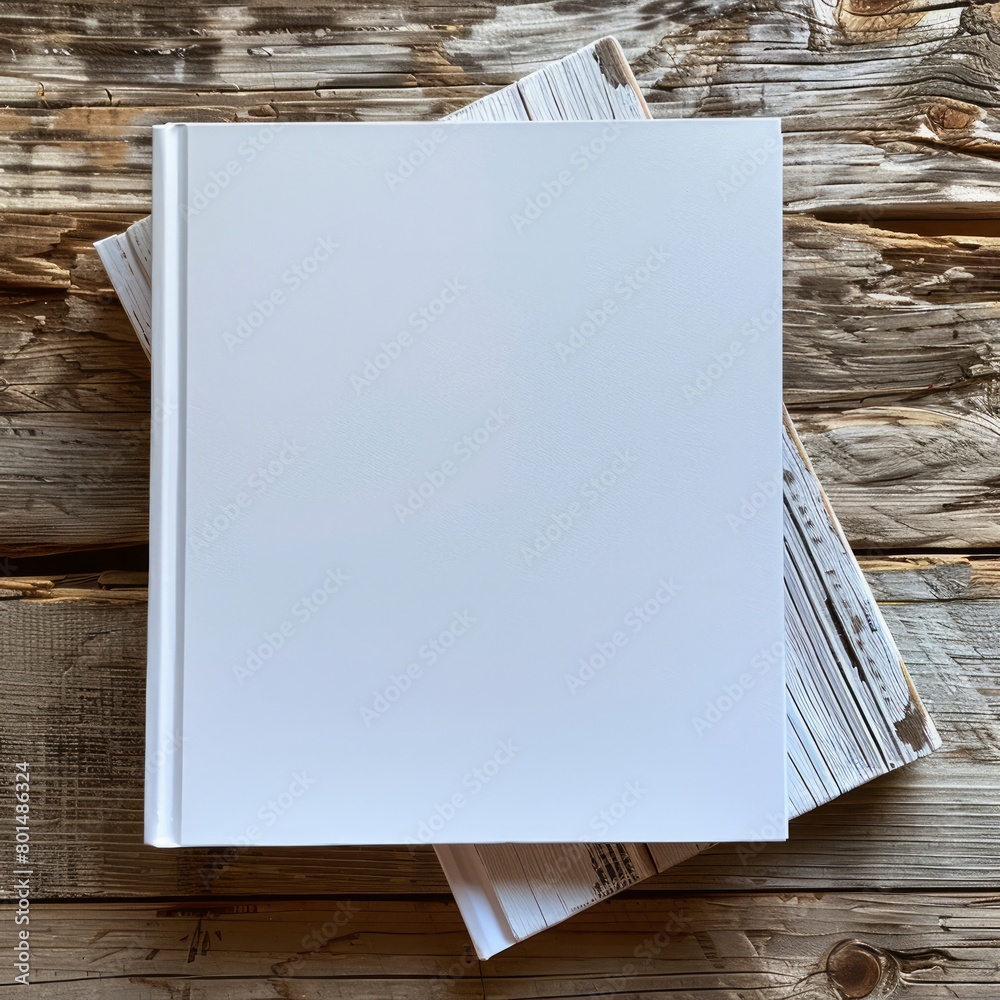 Poster a white book sits on top of another book. the white book is empty and has no writing on it. the scen