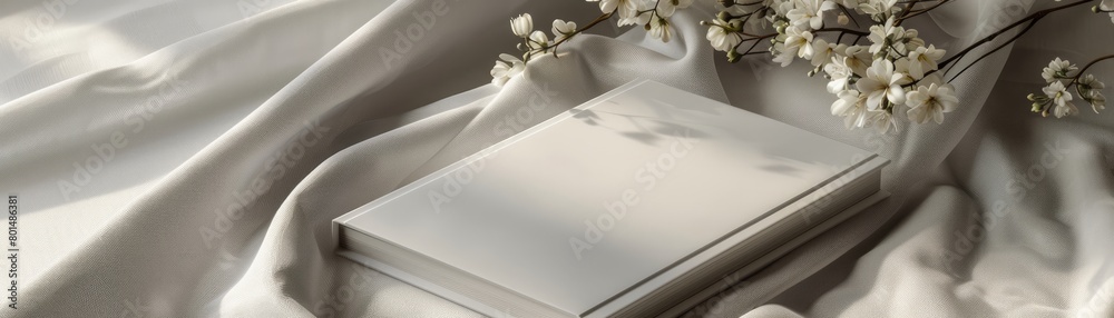 Poster a white book is on a white cloth. the cloth is draped over a table. the book is open to a blank page