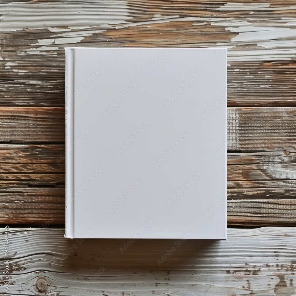 Poster a white book sits on a wooden table. the book is empty and has no writing on it
