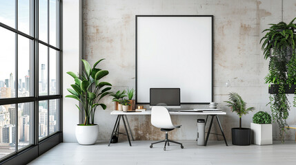 Bright, airy office setting with sleek design and a blank white frame, encouraging focus and productivity.