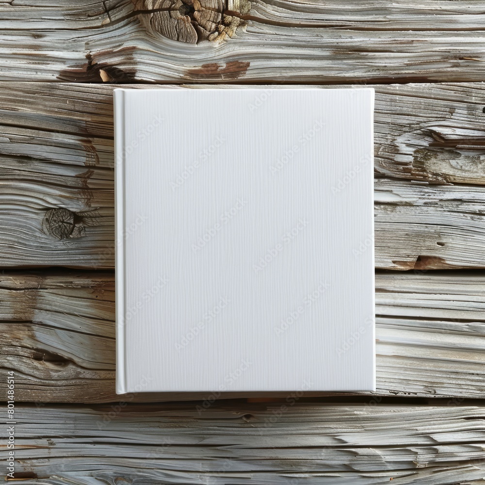 Poster A white book sits on a wooden table. The book is empty and has no writing on it. Concept of calm and simplicity