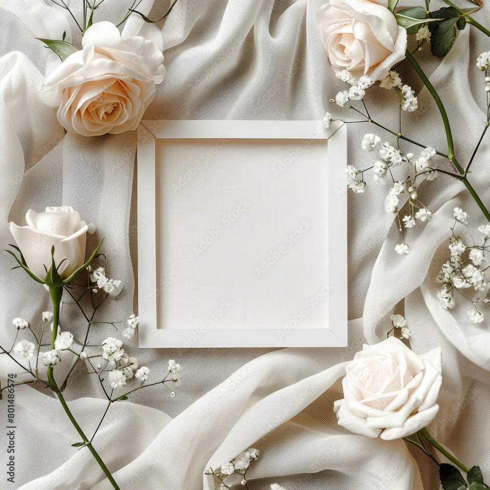 Poster a white square with a black border sits on a white background. the square is empty, but the flowers 