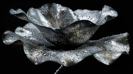   A monochrome image of a flower with water droplets on its petals against a black backdrop