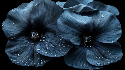   A close-up of two blue flowers with droplets on their petals against a black background - Powered by Adobe