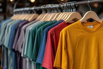 Fototapeta premium Colorful t-shirts on hangers in a clothing store