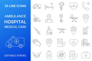Vector icons related to ambulance, hospital and medical care. Set of 25 line icons. Editable stroke. Doctor, face mask, emergency call