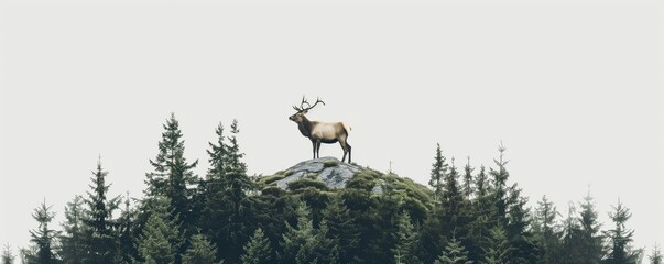 Elk standing on mountaintop against forest