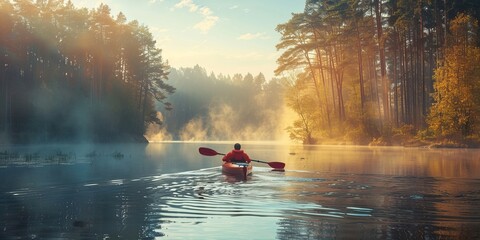 Fototapeta premium Kayaking on the forest lake in the morning
