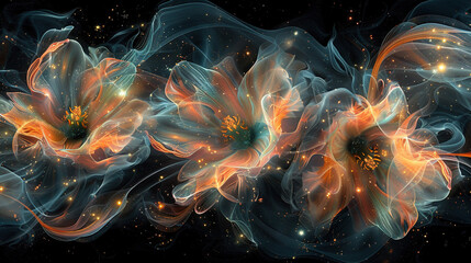  A flower with vibrant orange-blue petals and a starry center, artfully created by computer technology
