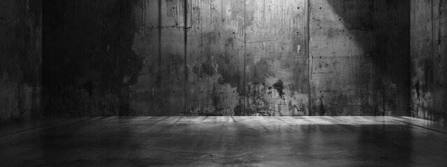 Blackandwhite photo of a concrete room with wooden flooring