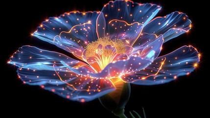   Blue flower with bright lights on its petals and yellow stamen in the center