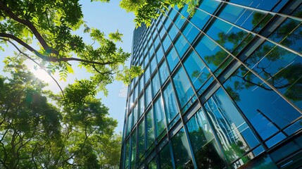 modern glass office building exterior with green trees urban architecture