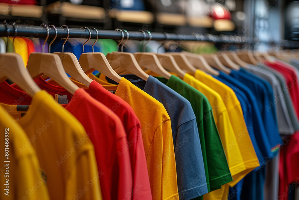 Wall mural colorful t-shirts on hangers in a shop