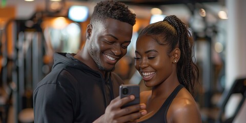 Smiling gym partners sharing a fun moment with cellphone