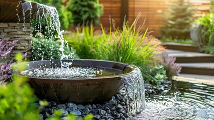 modern outdoor water feature with cascading waterfall fountain garden landscape design banner