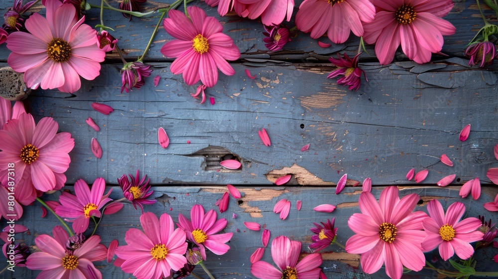 Leinwandbilder a wooden frame with pink flowers surrounding it. the flowers are scattered around the frame, creatin