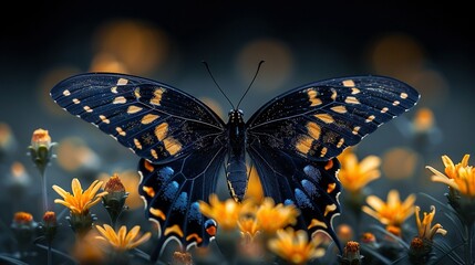   A yellow and blue butterfly sits atop a yellow and white flower field in the night sky - Powered by Adobe