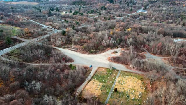 Aerial landscape of cemetery and forest in Fall around abandoned coal town Centralia Pennsylvania