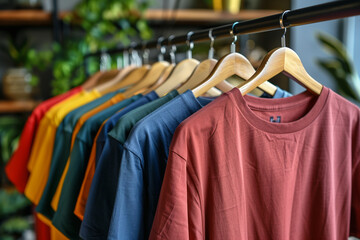 Obraz premium Rack with different stylish t-shirts on blurred background, closeup