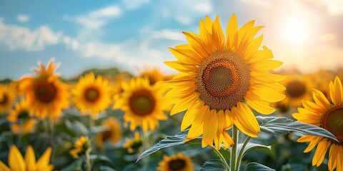 Obraz premium Sunflower field in bloom with vibrant yellow petals