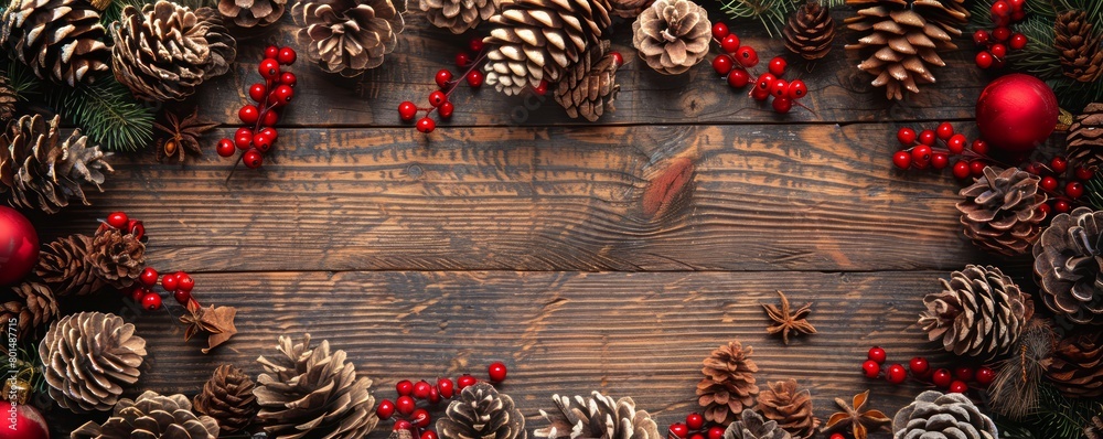 Aufkleber a wooden frame with a red border and a bunch of pine cones and berries. the frame is decorated with 