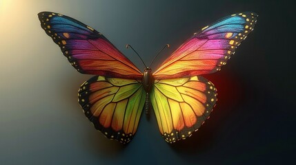   Close-up of a colorful butterfly on black background with light from behind its wings