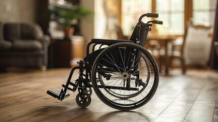 A focused shot of an unoccupied wheelchair in a homely interior with warm lighting and blurred background - obrazy, fototapety, plakaty
