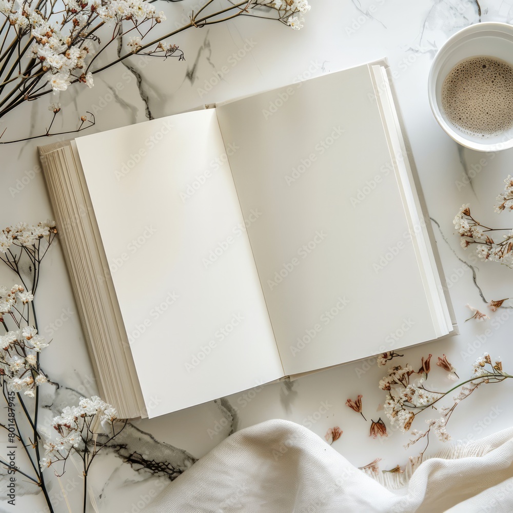 Aufkleber A book is open on a table with a cup of coffee next to it. The table is made of marble and the book is on top of a white cloth