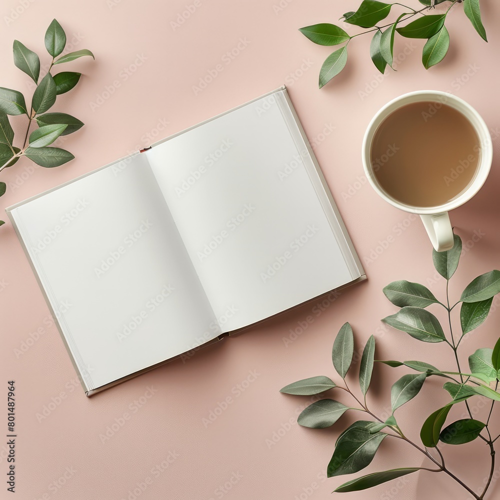 Poster a book is open on a table with a cup of coffee next to it. the scene is simple and peaceful, with th