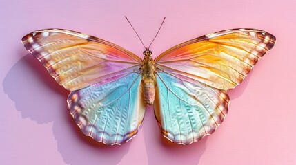   A butterfly's close-up on a pink backdrop, with its shadow appearing on the left side of the frame