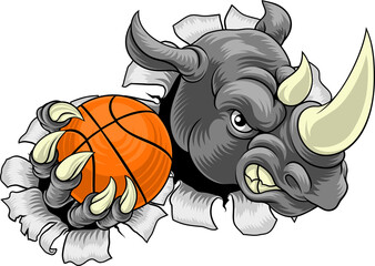 Rhino Rhinoceros Basketball Cartoon Sports Mascot