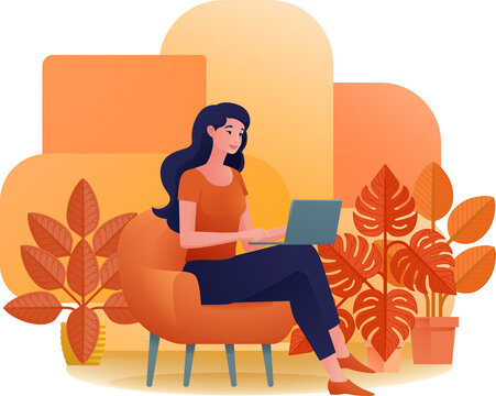 Woman Using Laptop Computer Cartoon Illustration