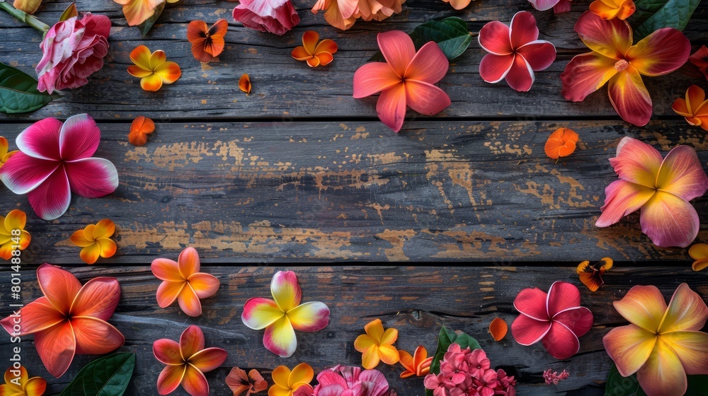Poster a wooden background with a large flower arrangement in the center. the flowers are of various colors